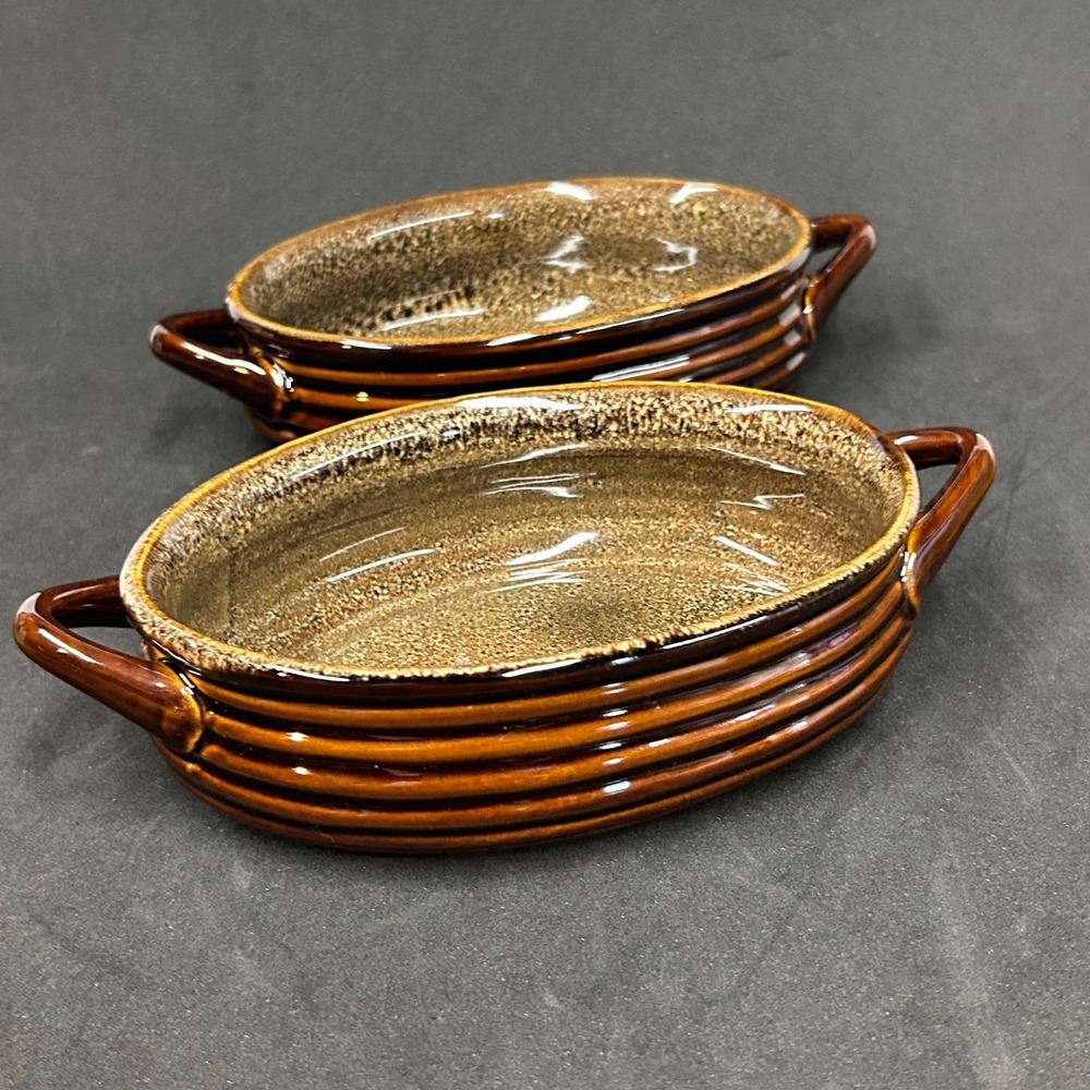 2 Crate & Barrel Brunswick Brown Stoneware Ribbed Oval Au Gratin Individual